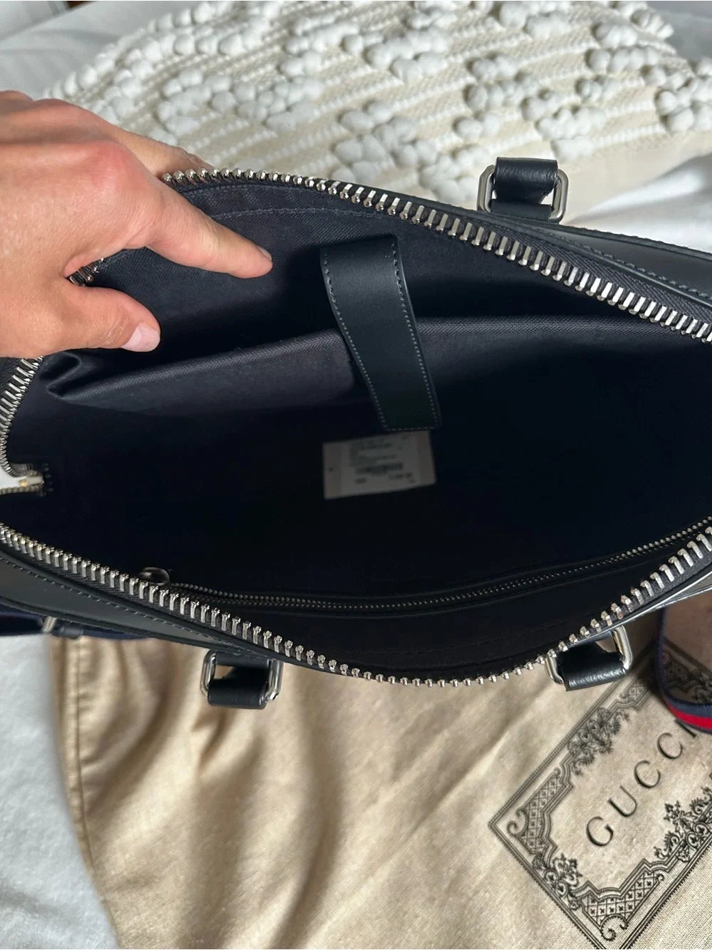 Gucci Black GG Supreme Slim Laptop Briefcase with Red-Blue Web Strap